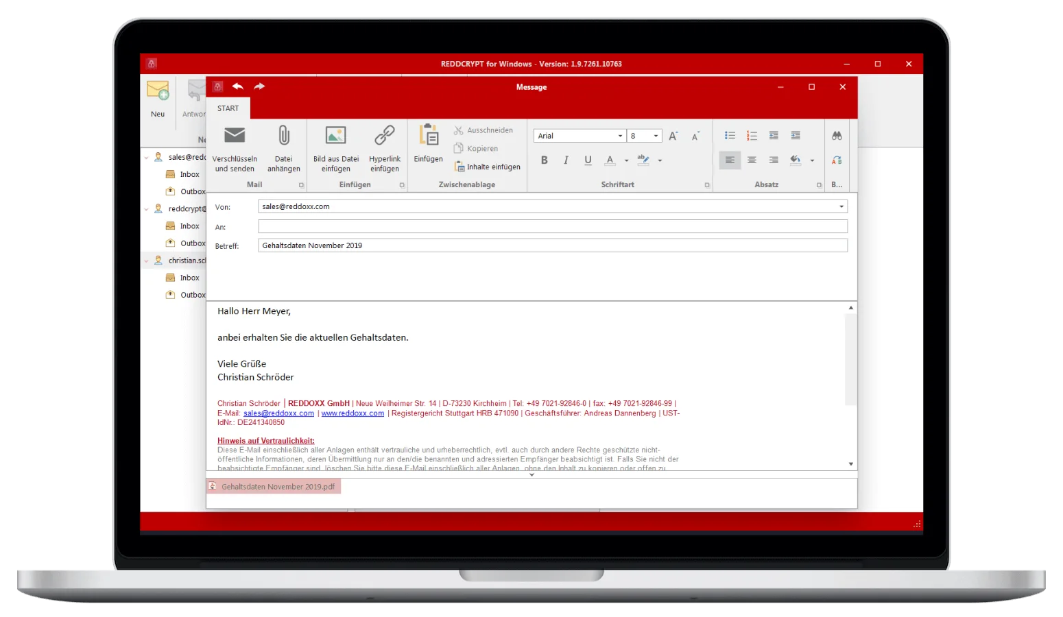 Die Windows App von REDDCRYPT stellt sich wie ein Mailclient dar und ist dadurch intuitiv bedienbar Die Windows App von REDDCRYPT stellt sich wie ein Mailclient dar und ist dadurch intuitiv bedienbar
